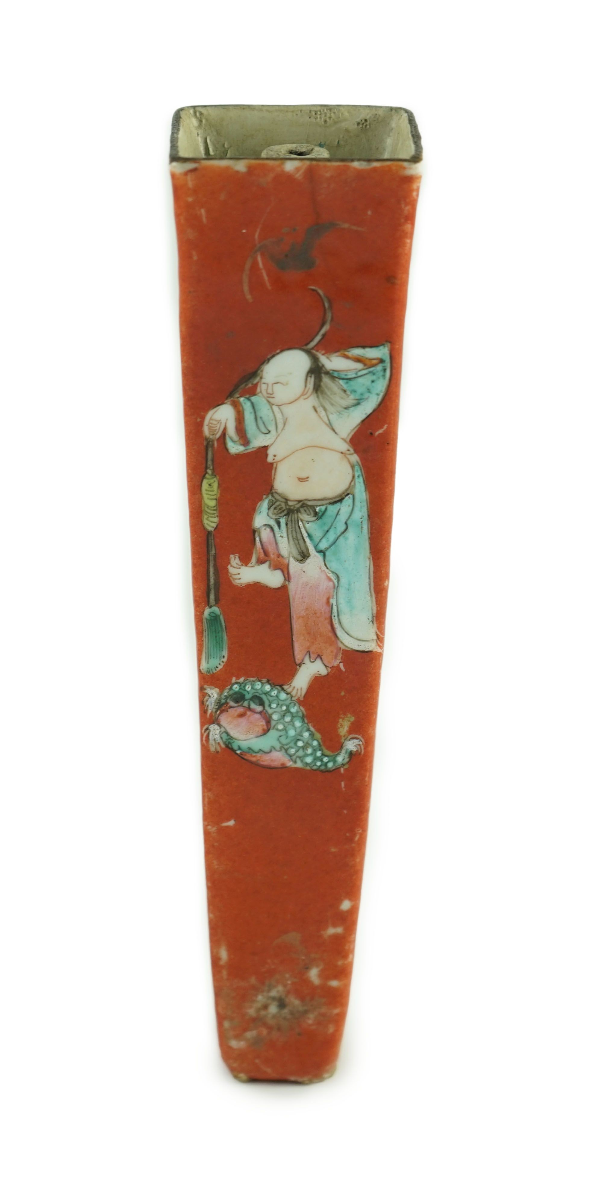 A Chinese coral ground incense stick holder, Jiaqing period 17.5cm high